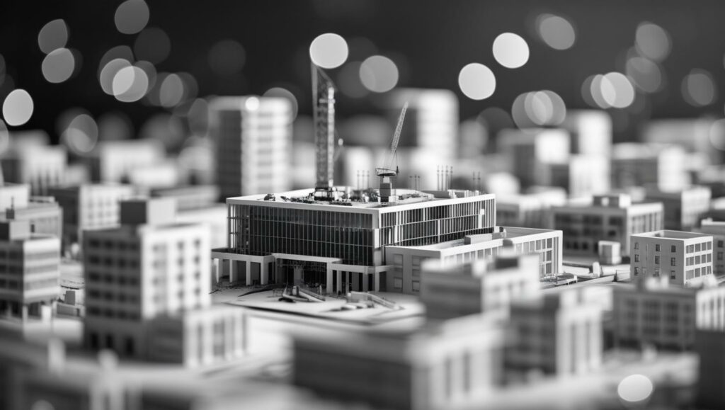 3D Darstellung, Gebäude, Hochbau, Grafik, schwarz-weiß